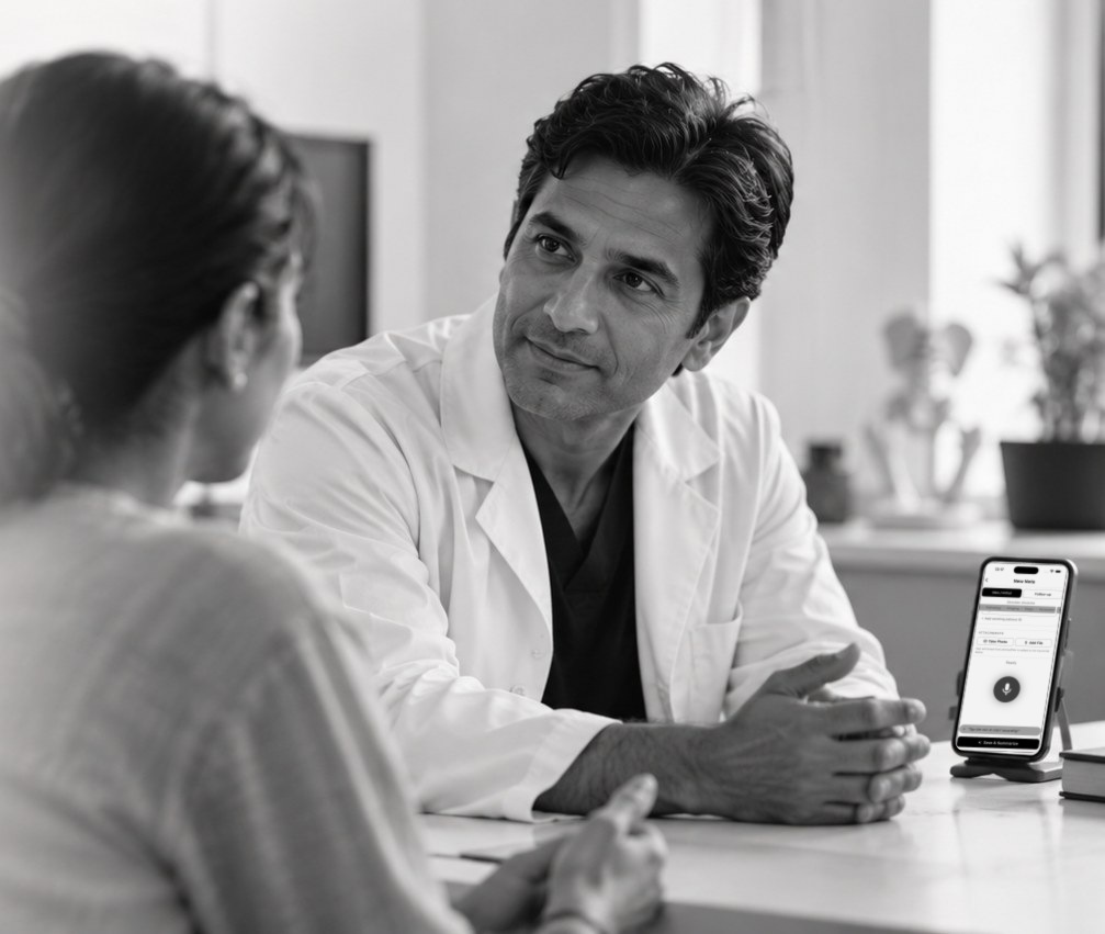 A doctor listens attentively to a patient during a consultation, with the Acumen AI app ready on the desk.